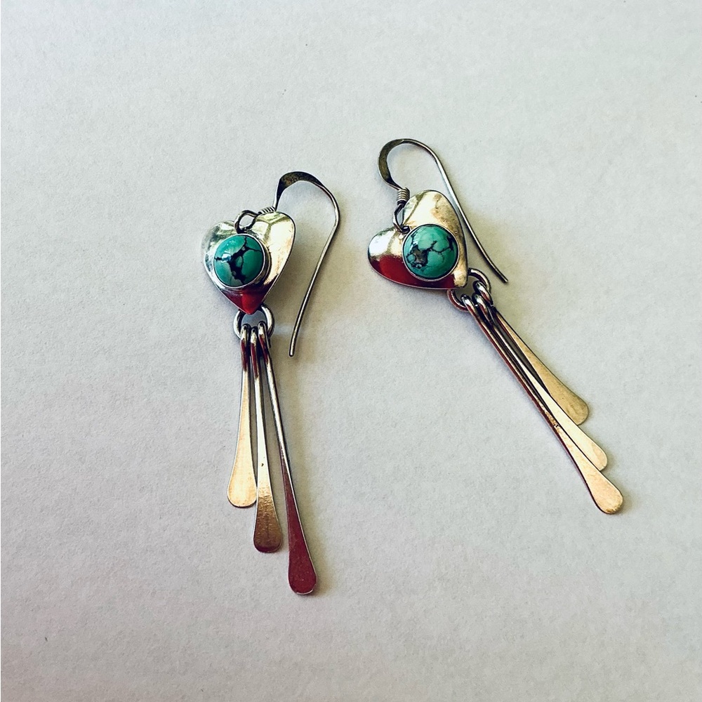 All Silver and Turquoise Heart Dangle Earrings marked Q.T. Sterling